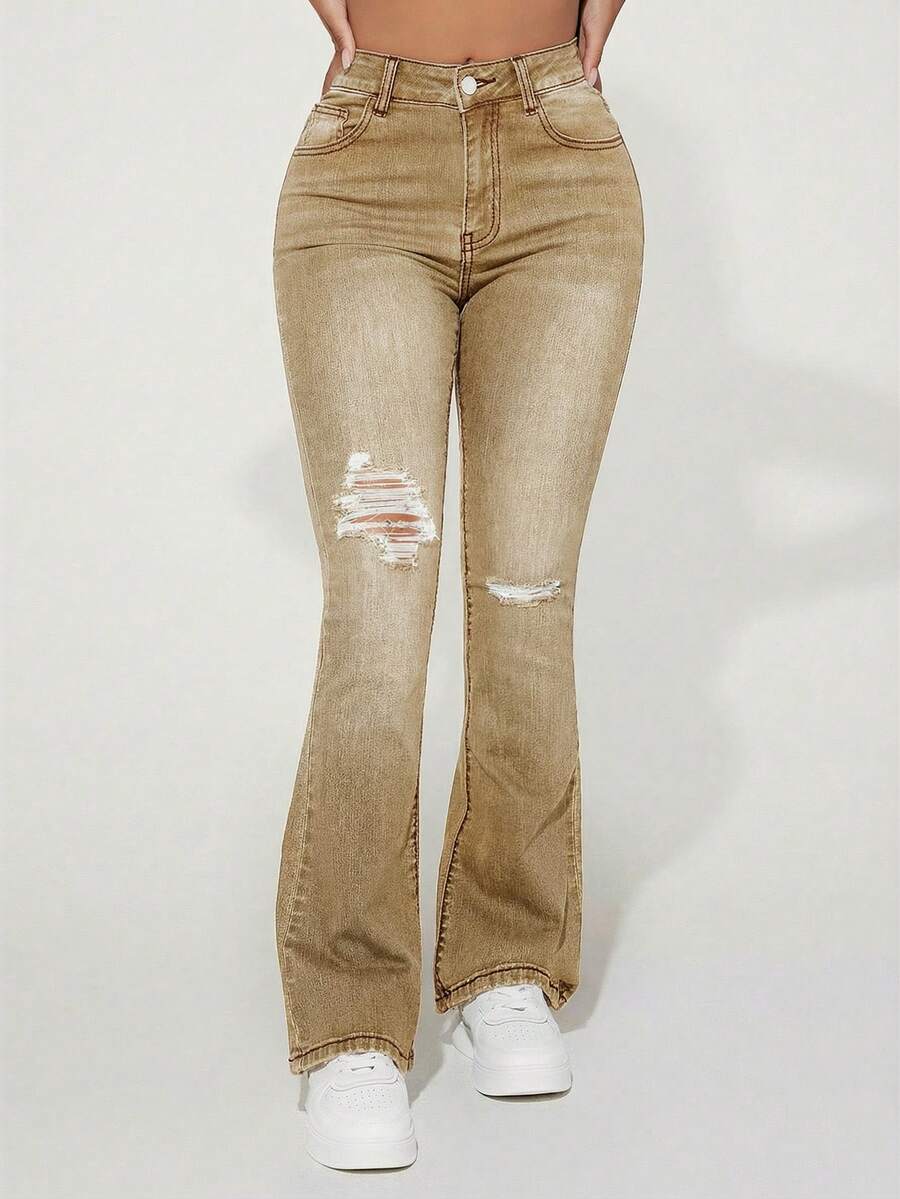SHEIN PETITE 女款高腰口袋破洞喇叭褲休閒牛仔褲,適合嬌小女性 - 卡其色 - 查看 1