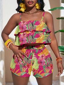 Slaydiva 春夏新品/音乐节/复活节/圣帕特里克节/西部风/游牧风/生日派对/毕业典礼/日常休闲穿搭/度假/邮轮旅行/海滩/日光浴/情人节/时尚博主风/女士双层荷叶边吊带背心套装/热带柠檬豹纹图案 - 彩色 - 查看 5