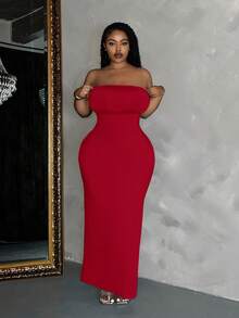 SHEIN Slayr Elegant Plus Size Red Knitted Bodycon Strapless Long Dress Tube Dress Plus Size - Red - View 4