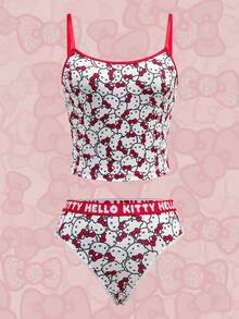 HELLO KITTY AND FRIENDS | SHEIN 女士可爱猫咪印花圆领吊带背心和内裤套装，舒适 - 紅白色 - 查看 1