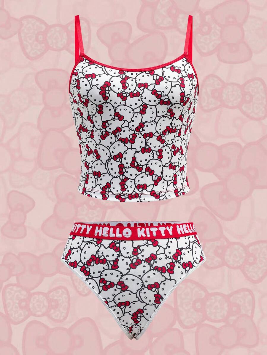 HELLO KITTY AND FRIENDS | SHEIN 女士可爱猫咪印花圆领吊带背心和内裤套装，舒适 - 紅白色 - 查看 1