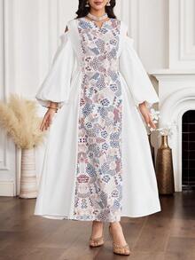 Yasmyna Women's Geometric Pattern Hollow Out Lantern Sleeve Elegant Arabic Style Dress - Multicolor - View 5