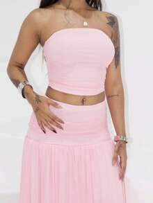 Rayane Ketlyn 2pcs/Set Women Summer Holiday Romantic Pink Mesh Bandeau Top And High Waist Pleated Mesh Maxi Skirt - Pink - View 3