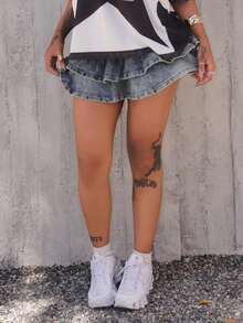 Rayane Ketlyn Women's Fashionable Ruffle Hem Denim Mini Skirt, Summer - Blue - View 5