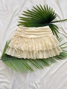 Soleia WYWH Women's Super Low Waist Lace Mesh Double Ruffle Tie Slit Maxi Skirt, Vacation - Light Yellow - View 4