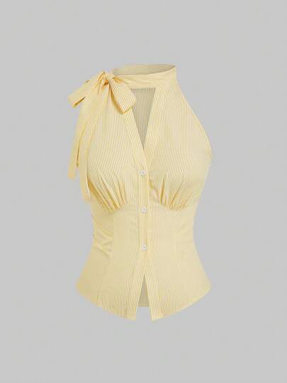 Sweetra 大码女装新款度假学院风无袖蝴蝶结腰身修身褶皱条纹衬衫，常规款，黄色条纹，休闲日常穿搭，简约时尚，返校季必备，适合春夏季节