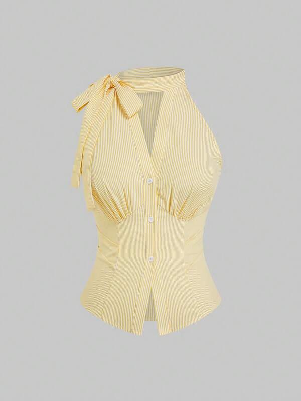 Sweetra 大码女装新款度假学院风无袖蝴蝶结腰身修身褶皱条纹衬衫，常规款，黄色条纹，休闲日常穿搭，简约时尚，返校季必备，适合春夏季节