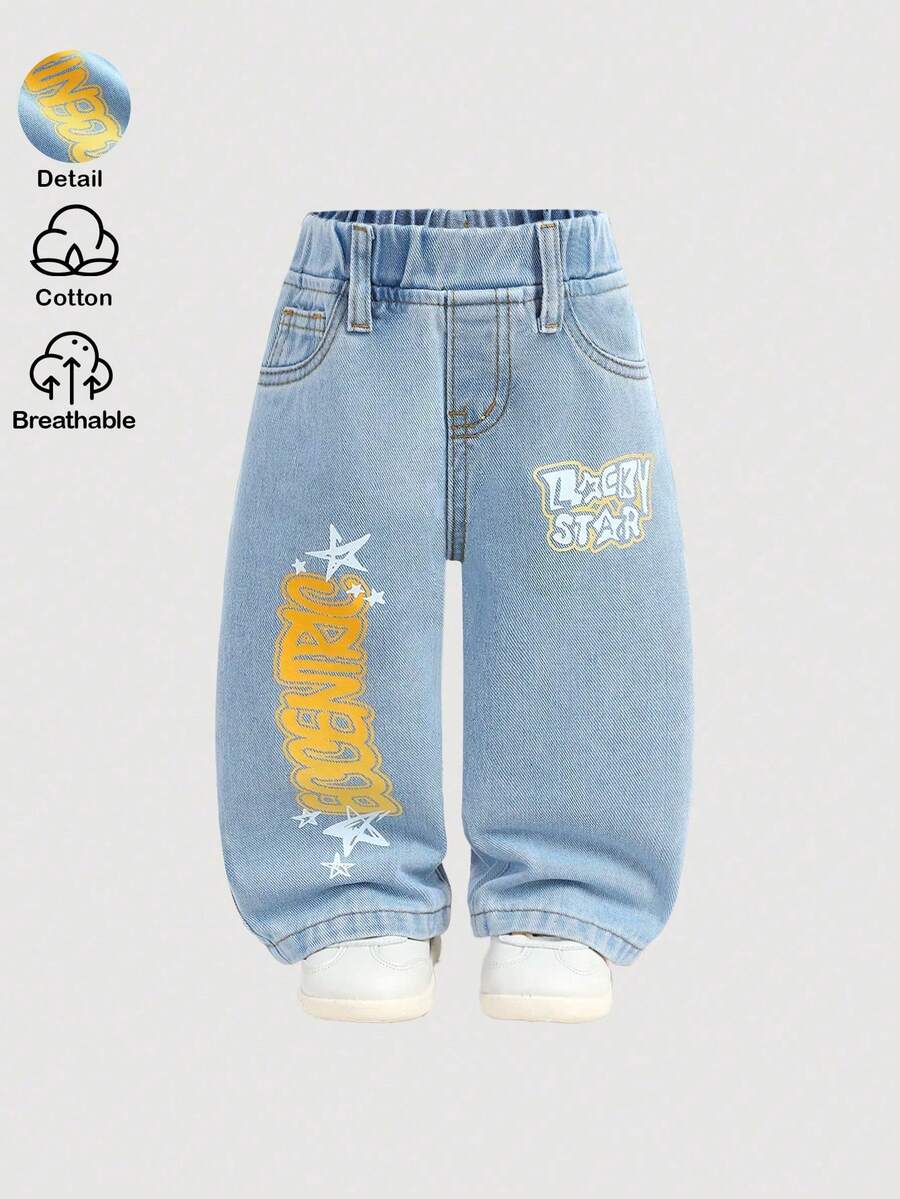 SHEIN Quần jean xanh dáng rộng in hình ngôi sao và chữ cái dành cho bé trai - Rửa nhẹ - Xem 1
