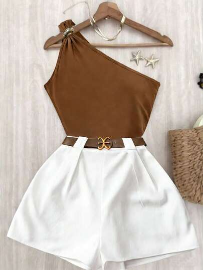 Franclia 2pcs/Set One Shoulder Top And Casual Shorts