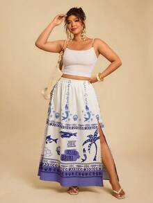 Travachic 大码女式蓝白海洋主题鱼印花弹力腰A字前开衩半身裙，休闲春夏假日沙滩裙，沙丁鱼图案，美人鱼印花长裙，沙滩裙，度假裙，蓝色波西米亚风半身裙，地中海风格 - 藍白色 - 查看 6