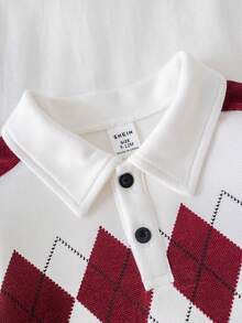 SHEIN 2pcs/Set Baby BoyCasual Versatile Argyle Pattern Short Sleeve Polo Shirt And Red Pants Outfit, Spring/Summer - Red - View 4