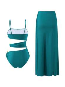 Swim Oasis 2pcs/Set Women's Summer Solid Color Elegant Hollow-Out Side Metal Decor One-Piece Swimsuit And Drawstring Beach Maxi Dress Set - Teal Blue - View 7