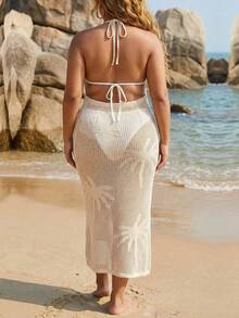Swim Lushoire Plus Size V-Neck Tie-Up Jacquard Coconut Crab Knit Cover-Up Dress - Apricot - View 2