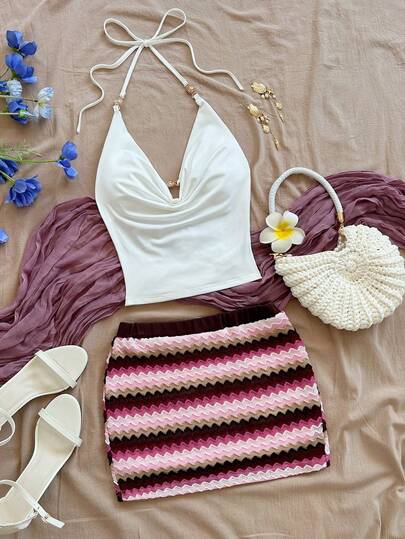 Soleia 女士性感波西米亚度假风露背系带吊带上衣和撞色锯齿印花迷你裙套装