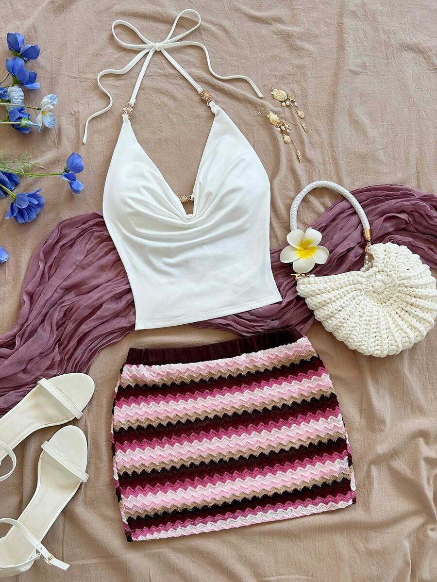 Soleia 女士性感波西米亚度假风露背系带吊带上衣和撞色锯齿印花迷你裙套装 - 彩色 - 查看 1