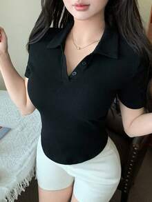 DAZY Áo polo nữ màu đen dáng rộng, thời trang công sở, tay ngắn, ôm sát, thích hợp cho mùa xuân/hè. - màu đen - Xem 5