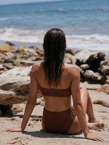 Maija Conjunto de Maiô Bikini Sexy com Bandô Franzido de Cor Sólida para Mulheres - Castanho - Visão 2