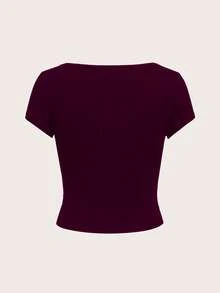SHEIN EZwear 女款休閒純色圓領短袖修身T恤 性感短版上衣 紫色短版上衣 梅紫色上衣 深紫色上衣 女款性感上衣 - 中紫紅色 - 查看 3