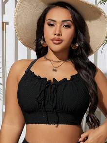 Swim Lushoire Plus Size Women's Solid Color Textured Frill Trim Tie Front Swimwear Top, Summer Beach - Black - View 6