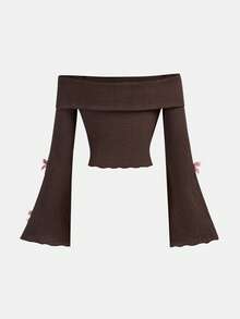 SHEIN Girls' Elegant Color Block Bow Decor Textured Fabric Pink Bow Accent Off-Shoulder Flare Sleeve Long Sleeve T-Shirt And Brown Flare Pants 2-Piece Set - Brown - View 6