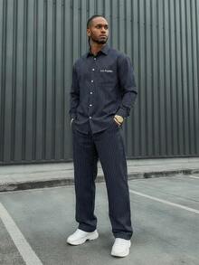 AXEPEAK 男士休闲通勤条纹衬衫和裤子套装 - 藍色 - 查看 7