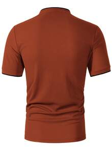 Manfinity Homme 男士鐵鏽棕色夏季休閒辦公 Polo 衫，對比色短袖半拉鍊立領 T 恤，日常休閒老錢風上衣，正式 - 紅色 - 查看 2