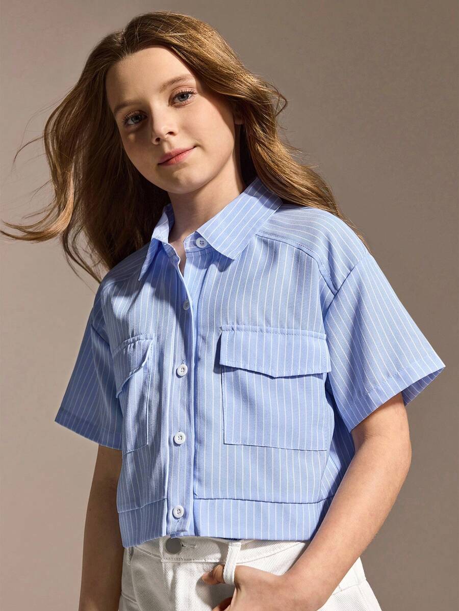 SHEIN Tween Girls' Casual School Style Blue & White Striped Pocket Cropped Shirt, Versatile For School And Daily Wear - Blue - View 1