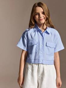 SHEIN Tween Girls' Casual School Style Blue & White Striped Pocket Cropped Shirt, Versatile For School And Daily Wear - Blue - View 3