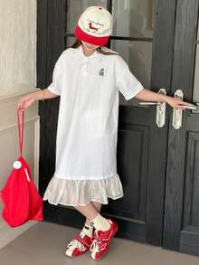 DAZY Tween Girl Collared Button Half Placket Animal Print Casual Vacation Everyday Short Sleeve Dress - White - View 1