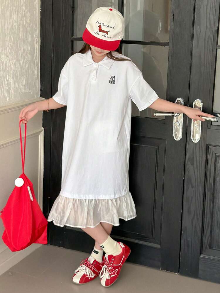 Tween Girl Collared Button Half Placket Animal Print Casual Vacation Everyday Short Sleeve Dress Summer