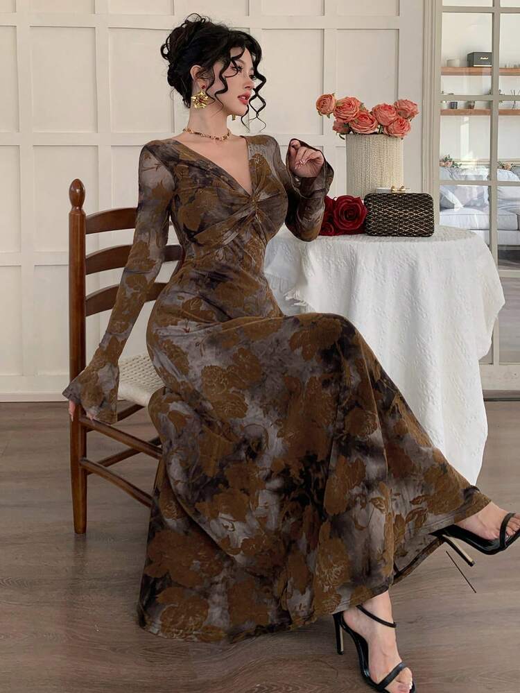 Women's V-Neck Velvet Fabric Floral Decor Elegant Dress Boho