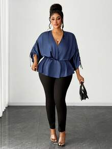 Maweii Plus Size Women's Navy Blue Autumn Elegant Office Satin Blouse,Shiny V-Neck Drawstring Bow Tie Top,Versatile Chic Casual Party Date Night Fashion - Navy Blue - View 5