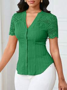 Lunelith SHEIN Lunessa Camisa de mujer minimalista de contraste con botones y encaje delantero para uso diario - Verde - Ver 5