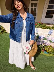 Breezaya Plus Size Women's Spring/Summer Embroidered Washed Denim Jacket - Medium Wash - View 5