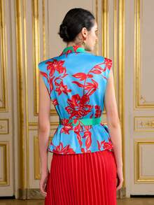 LOTSLUV Women's Blue, Green, Red Tropical Floral Placement Print, V-Neck Sleeveless Cinched Waist Padded Shoulder, Printed Jacket - Blue - View 2