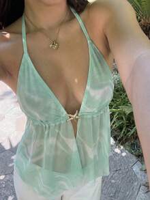 Sunnyshic Top halter sin espalda con efecto tie-dye para vacaciones en la playa - verde menta - Ver 5