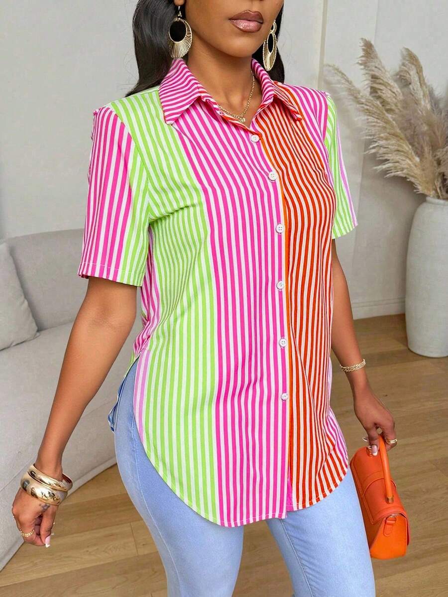 Xyvia 夏季休闲撞色条纹拼接弧形下摆衬衫 - 彩色 - 查看 1