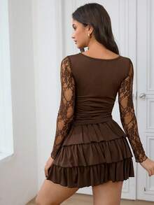 Aidyla 时尚优雅蕾丝拼接褶皱修身衬衫 - 咖啡棕 - 查看 2