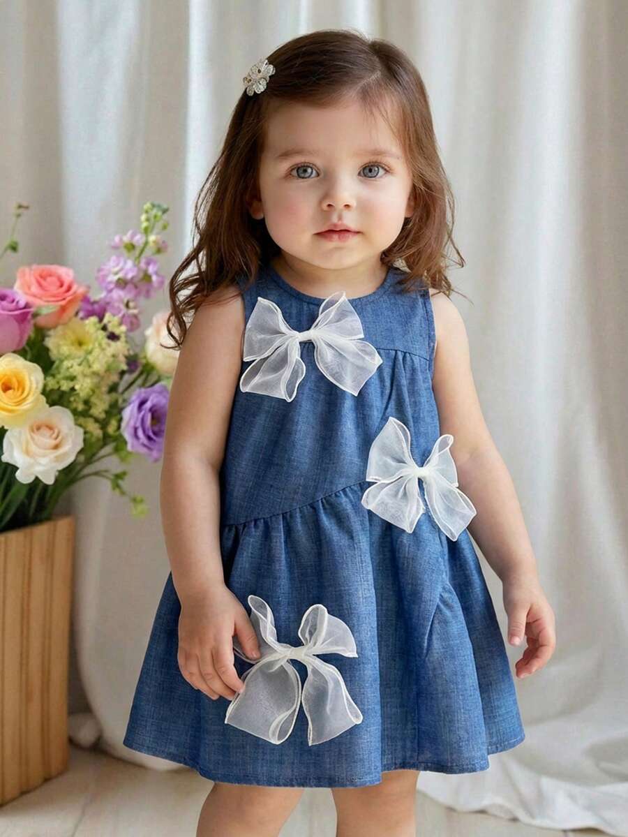 SHEIN 新生女宝宝可爱优雅蓝色蝴蝶结宽松连衣裙，夏季 - 藍色 - 查看 1