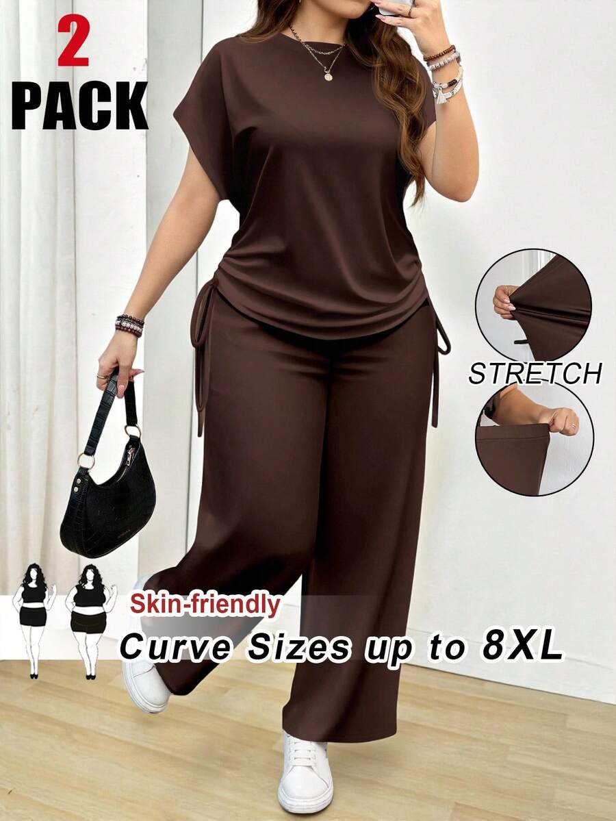 SHEIN CURVE+ Bộ đồ hai mảnh màu nâu đậm đơn giản, dáng rộng dành cho nữ, phù hợp cho mùa xuân và mùa hè. - màu nâu - Xem 1