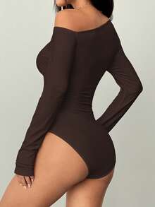 SHEIN Unity Black Oblique Shoulder Ruched Waist Fitted Long Sleeve Casual Bodysuit For Women, Autumn - Brown - View 2