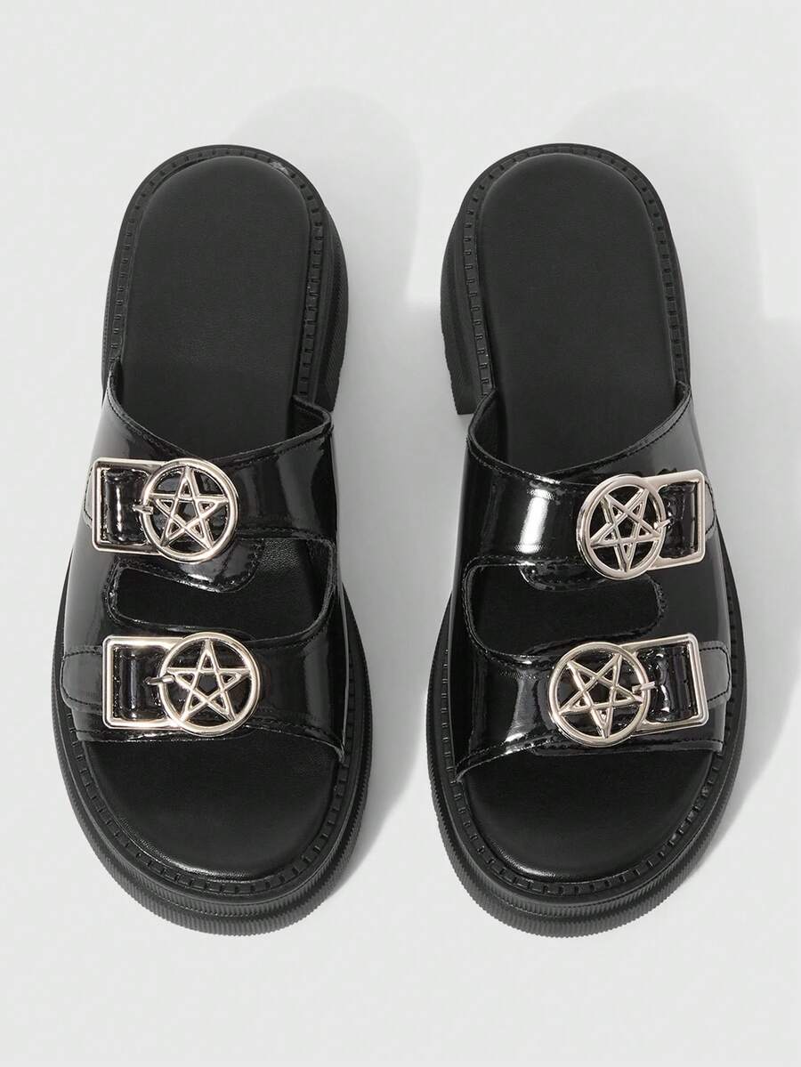 ROMWE Grunge Punk Giày sandal quai ngang phong cách Punk Rock Châu Âu & Mỹ dành cho nữ, khóa kim loại, sandal hở mũi kiểu La Mã, sandal đế xuồng phong cách Gothic cho kỳ nghỉ hè, Halloween. - Da sáng màu đen - Xem 1
