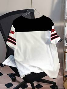 Betty Boop x SHEIN 大码休闲撞色卡通图案圆领短袖T恤，夏季 - 白色 - 查看 2