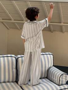 DAZY 男童条纹印花翻领宽松衬衫和裤子睡衣套装，春夏秋季 - 灰色 - 查看 5