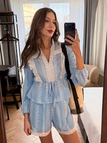 Pariaura Women's Minimalist Casual French Lace Paneled Embroidered Resort Style Long Sleeve Top And Shorts Two-Piece Set  Women's Two-Piece Outfit   Spring   Spring Outfit Women   Spring Break Outfits   Spring Clothes Women   Valentine's Day    Valentine Outfits For Women   Valentines Day Outfit   Beach Outfits For Women   Beach Outfit For Women   Beach Set   Vacation Outfits Women  Vacation Outfits For Women   Holiday Outfits   Casual Sets For Women Blue And White Outfit Lace Detail Top Light Blue Summer Outfit Embroidered Blue Set Two Piece Short Set Blue And White Lace Top Light Blue Short Set French Style Top Peplum Top Embroidered Lace Set - Blue and White - View 2