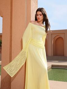 Graceveil Asymmetric One-Shoulder Lace Patchwork Waist Cinched Long Sleeve Midi Dress For Women - Pale Yellow - View 1