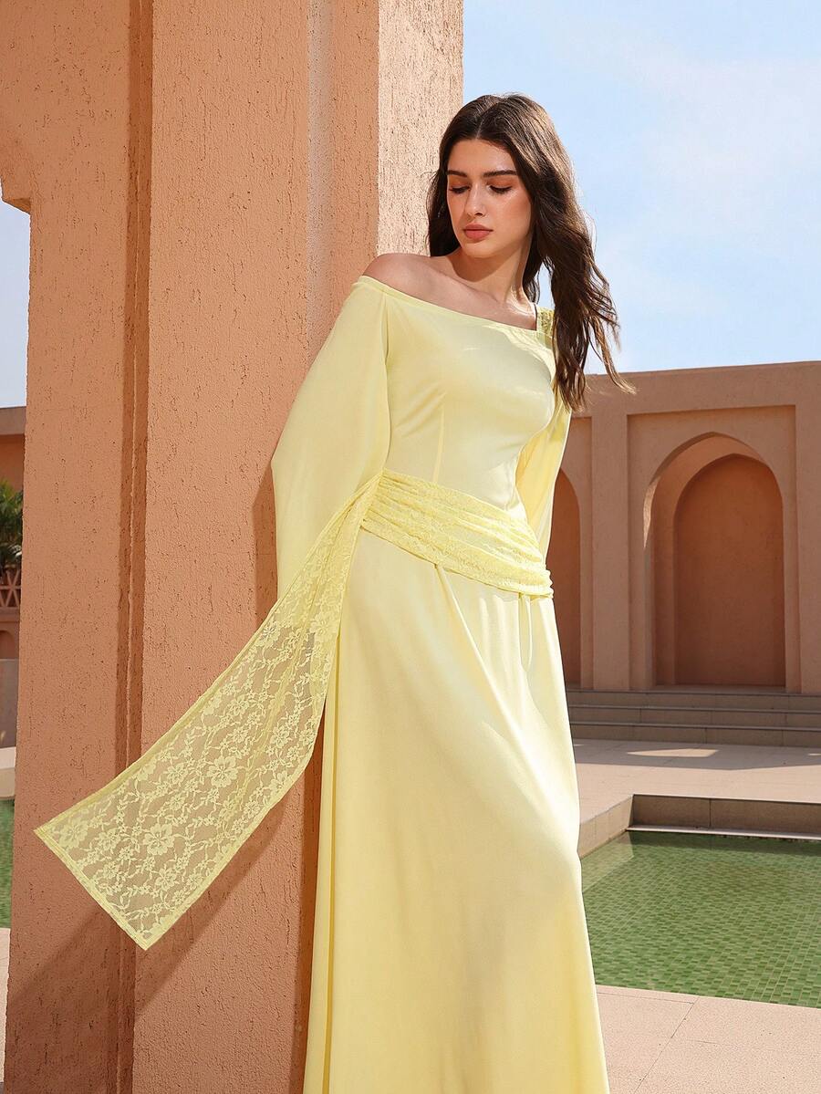 Graceveil Asymmetric One-Shoulder Lace Patchwork Waist Cinched Long Sleeve Midi Dress For Women - Pale Yellow - View 1