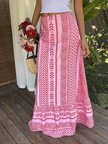 Sunnyshic Women's Boho Striped Print Low Waist A-Line Ruffle Hem Skirt, Suitable For Spring/Summer, Vacation, Beach, Commute, Office, Retro, Cute, Elegant, Minimalist, Versatile - Pink - View 1