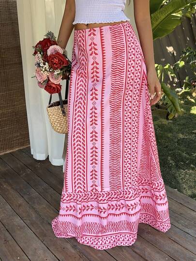 Sunnyshic Falda de línea A con volantes en el bajo, de cintura baja y estampado de rayas bohemio para mujer, adecuada para primavera/verano, vacaciones, playa, oficina, retro, linda, elegante, minimalista, versátil