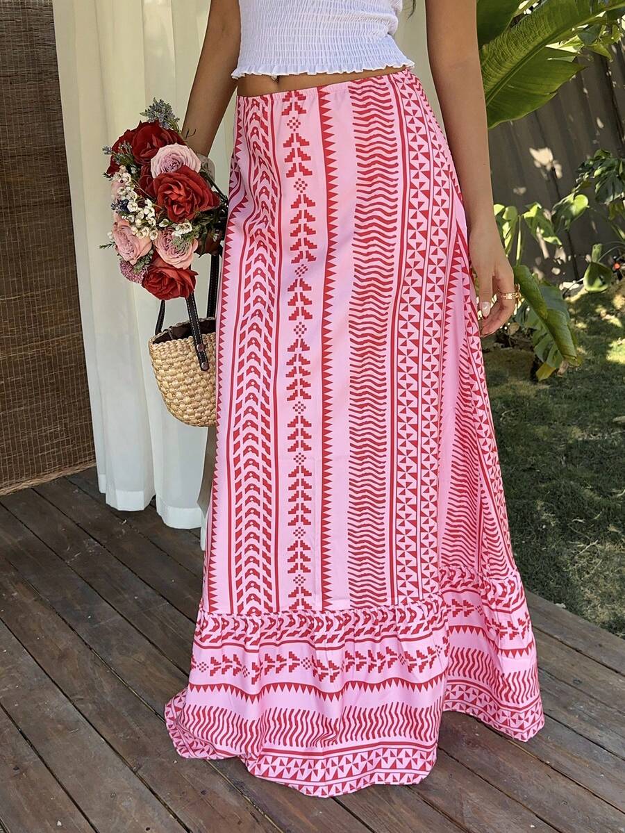 Sunnyshic Women's Boho Striped Print Low Waist A-Line Ruffle Hem Skirt, Suitable For Spring/Summer, Vacation, Beach, Commute, Office, Retro, Cute, Elegant, Minimalist, Versatile - Pink - View 1